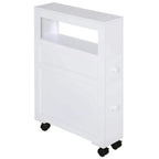 White slim bathroom storage cabinet with two drawers, open shelf, and rolling casters