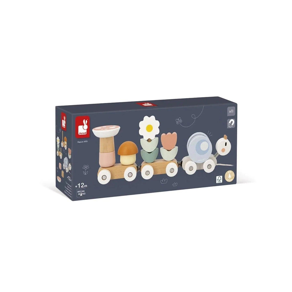 Janod Sweet Cocoon Snail Train toy shown in retail packaging with wooden car images
