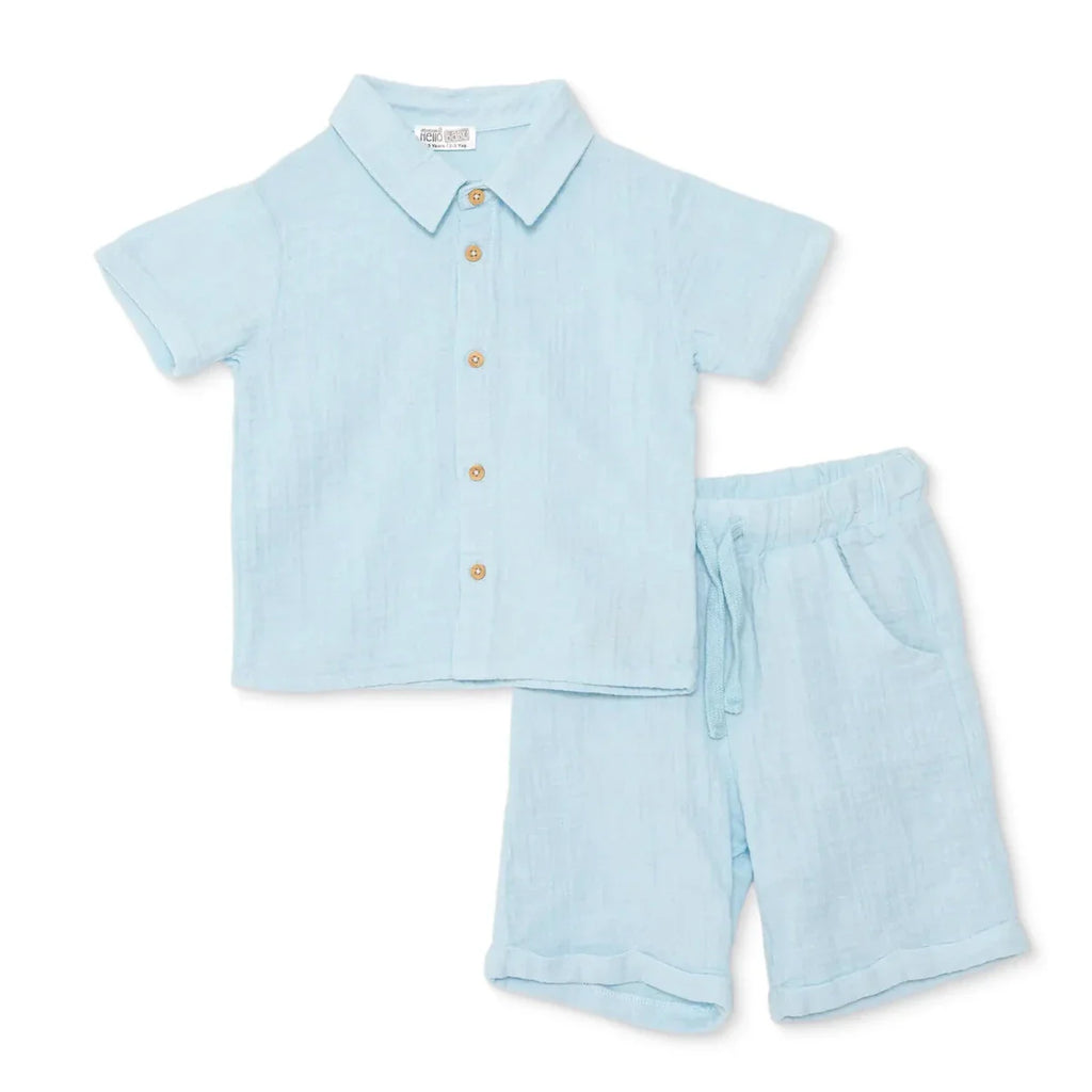 HelloBaby Boys Shirt & Shorts Set Buttoned Little Sailor Shirt Collar Above the Knee Short Sleeve - Blue