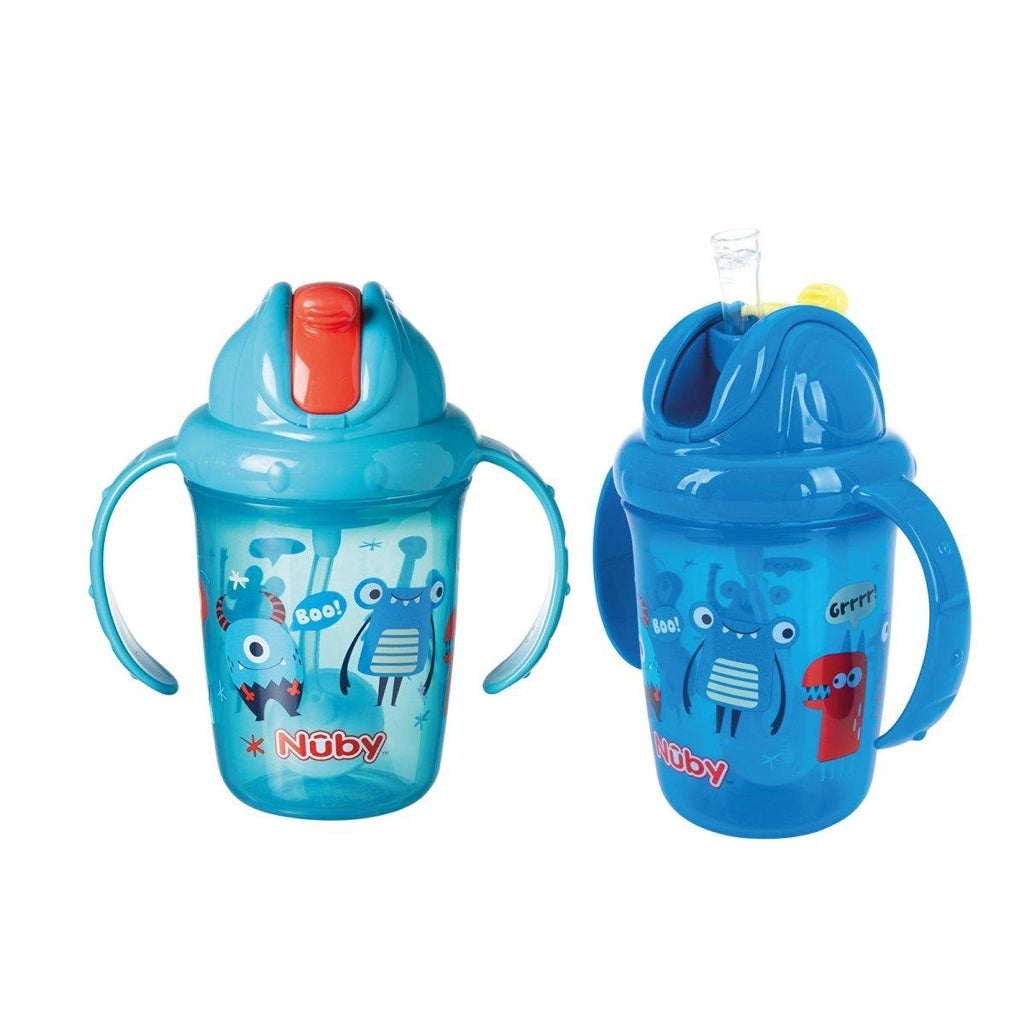2-pack flip-top sippy cups with handles, blue and light blue cartoon prints