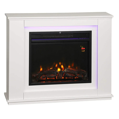 White electric fireplace with surround, inset firebox and mantel, realistic flame effect