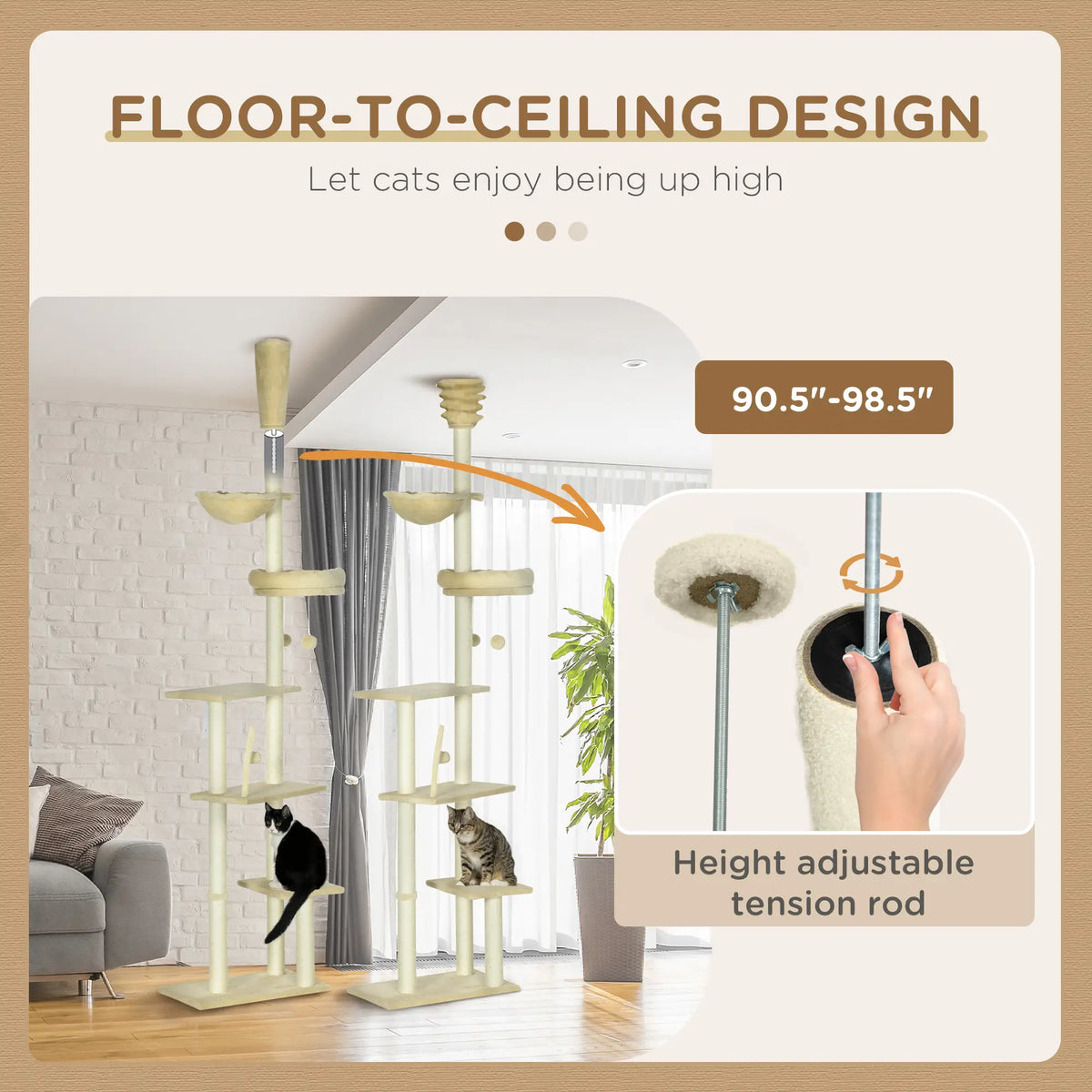 PawHut 230 250cm Floor to Ceiling Climbing Cat Tree Tower Beige