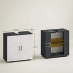Light grey under-sink cabinet with dark top and side-opening shelf compartment