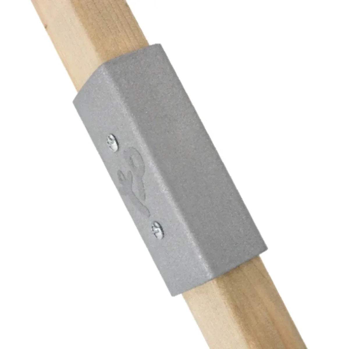 Wooden swing set post with gray metal connector plate and screws