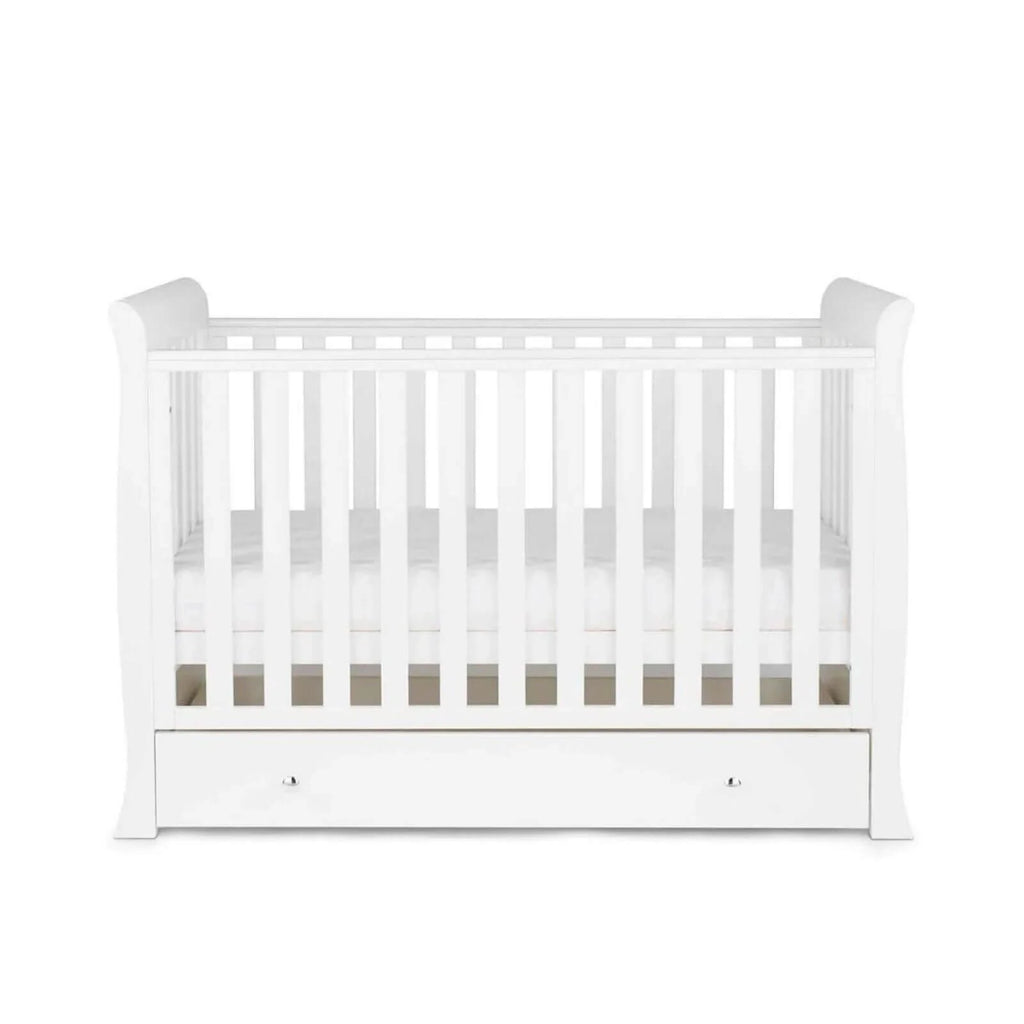 White mini cot with lower panel and front storage drawer