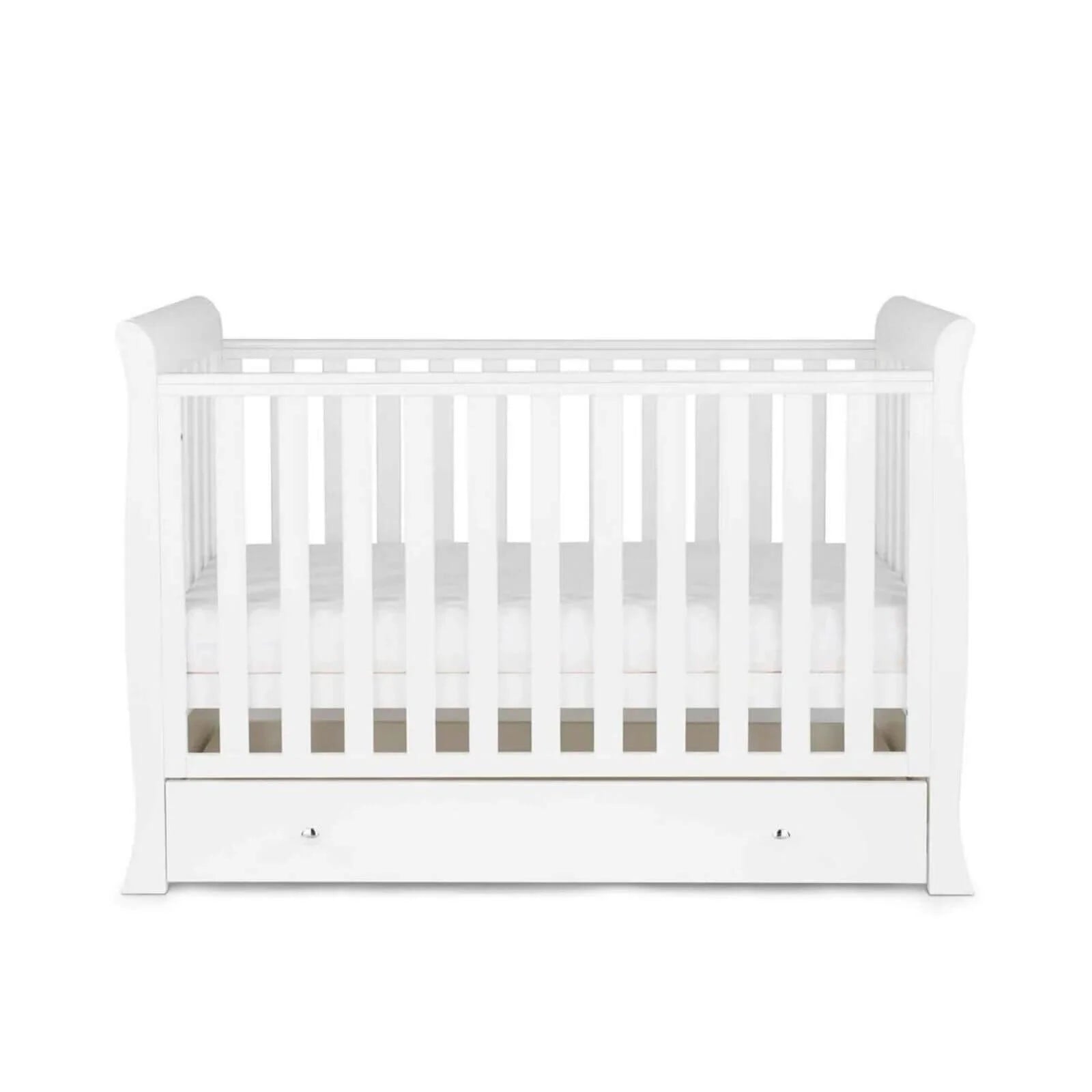 White mini cot with lower panel and front storage drawer
