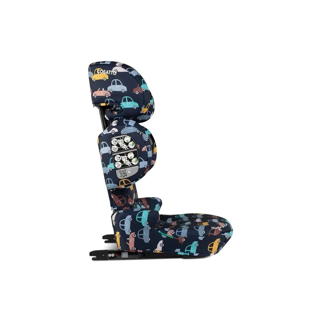 Kids car seat side view, navy car print cover with padded headrest