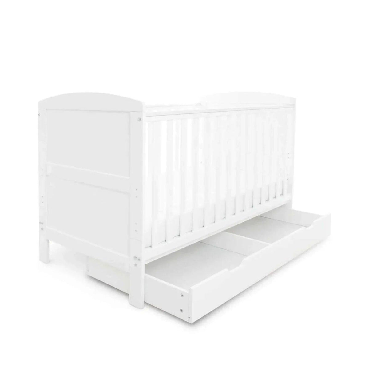 White cot bed with under drawer, side view with lower drawer compartment