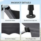 Grey awning details: aluminum roller, sturdy anti-slip feet, and decorative edging