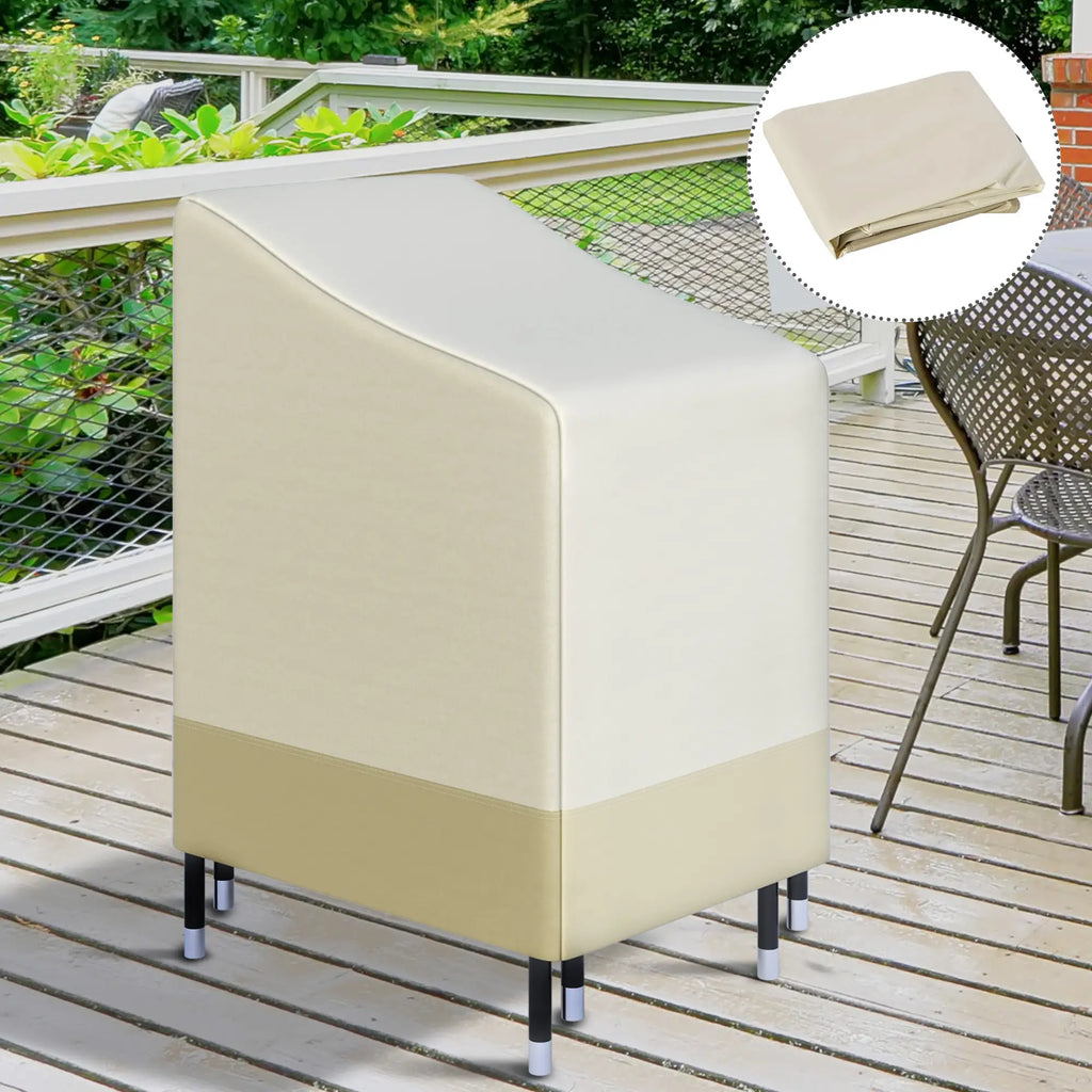 Fitted beige and tan chair cover shown on an outdoor chair, with a folded cover inset.
