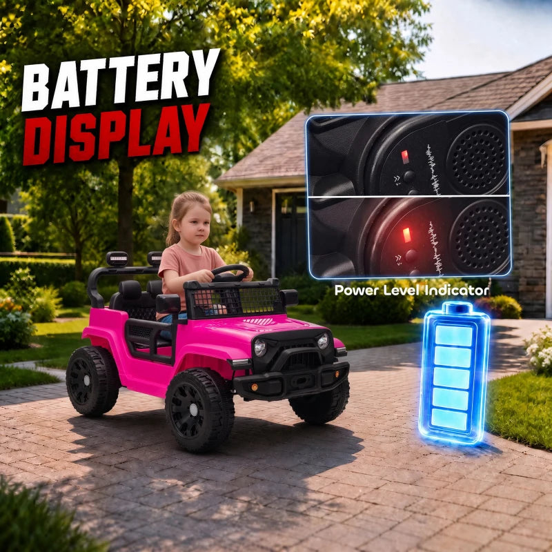 Pink electric ride-on car with front dashboard details and headlight, showing battery indicator