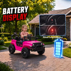 Pink electric ride-on car with front dashboard details and headlight, showing battery indicator