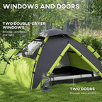 Two-person camping tent with large mesh windows and two doors, green and gray design