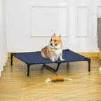 Blue elevated pet bed with black metal legs, dog resting on top cushion