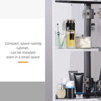 Open mirror storage cabinet with toiletries on inner shelves and silver frame