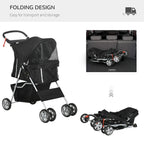 Black foldable pet stroller with rain cover, four wheels and storage basket