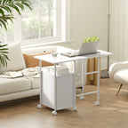 White foldable office desk with 3 drawers and extendable top on caster wheels