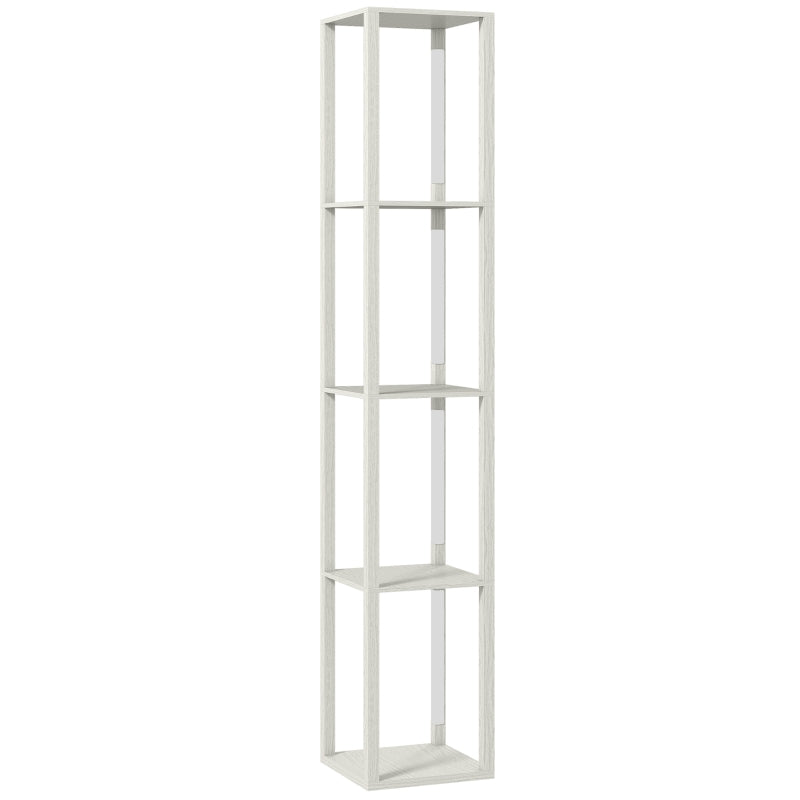 Floor lamp with open multi-tier shelves, tall rectangular frame, light wood finish