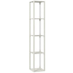 Floor lamp with open multi-tier shelves, tall rectangular frame, light wood finish