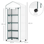 White 4-tier mini greenhouse with PE cover and metal shelves on rolling wheels
