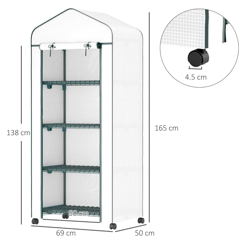 White 4-tier mini greenhouse with PE cover and metal shelves on rolling wheels