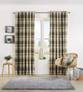 Check Pattern Curtains with Matching Cushion Covers Premium Polyester Cotton Blend Eyelet Ring Top Ochre Grey Various Sizes for Bedrooms and Living Rooms