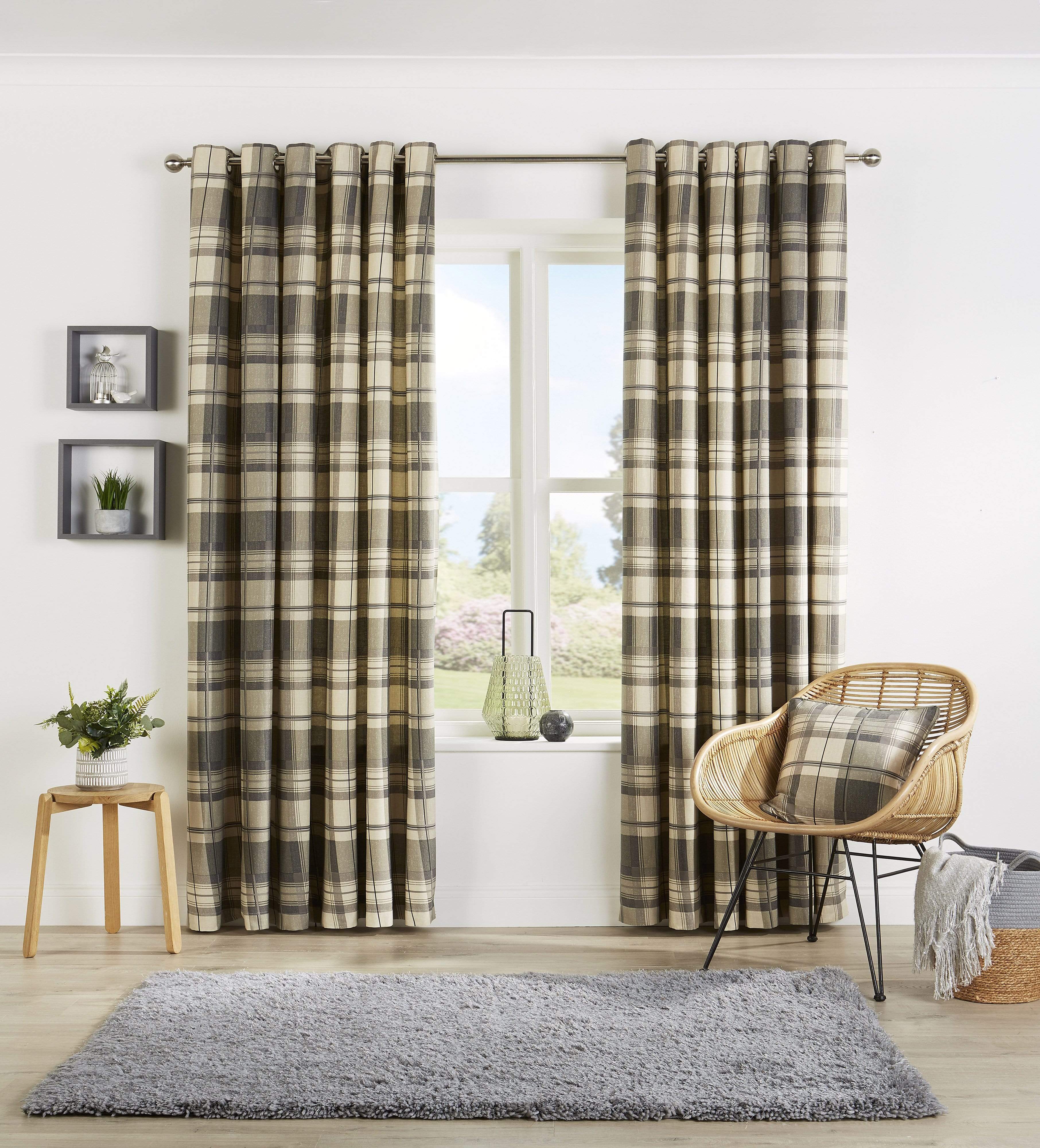 Check Pattern Curtains with Matching Cushion Covers Premium Polyester Cotton Blend Eyelet Ring Top Ochre Grey Various Sizes for Bedrooms and Living Rooms