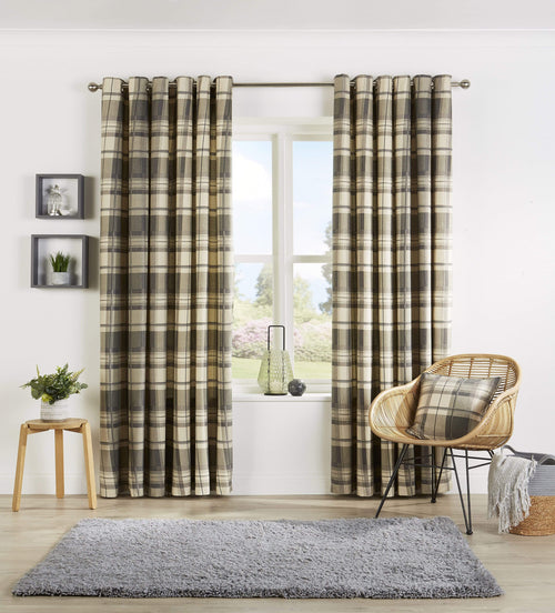 Check Pattern Curtains with Matching Cushion Covers Premium Polyester Cotton Blend Eyelet Ring Top Ochre Grey Various Sizes for Bedrooms and Living Rooms
