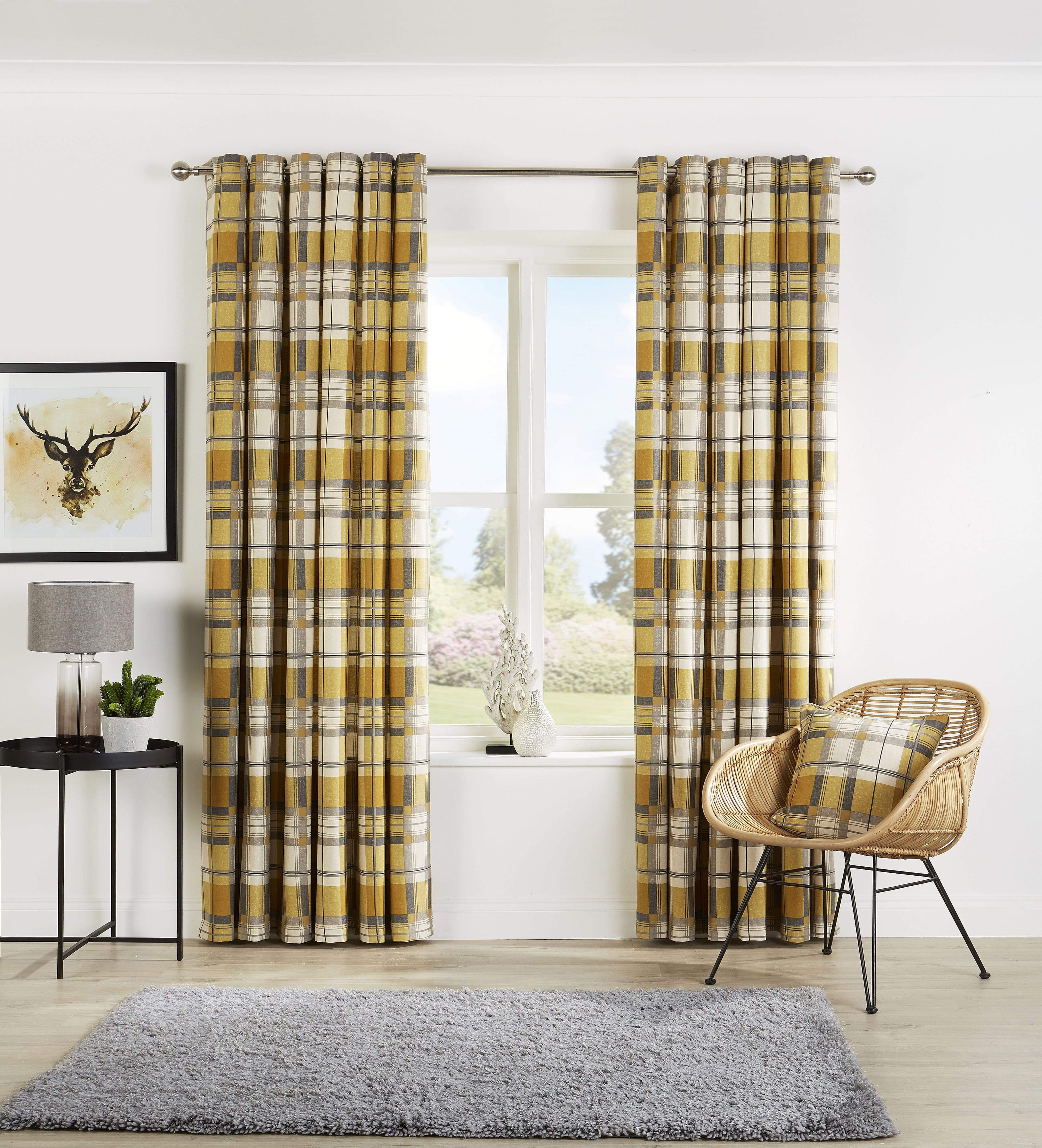 Check Pattern Curtains with Matching Cushion Covers Premium Polyester Cotton Blend Eyelet Ring Top Ochre Grey Various Sizes for Bedrooms and Living Rooms