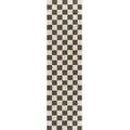 Vertical view of a white and dark green checkerboard rug.
