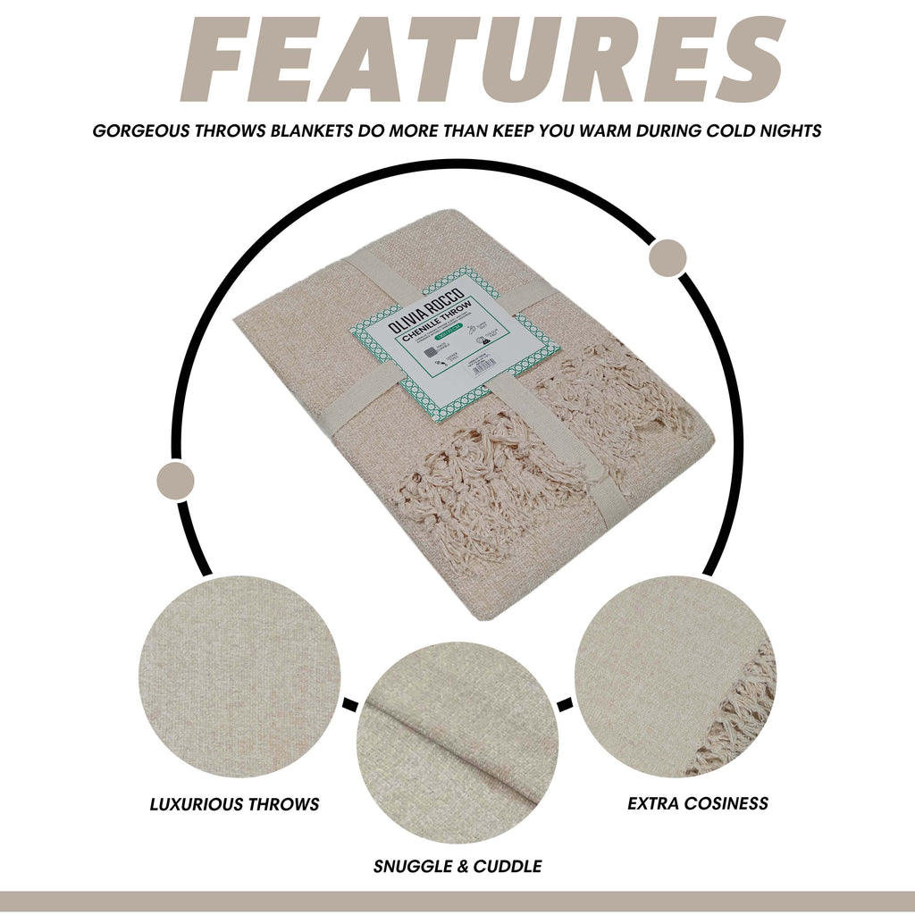 Chenille Tassel Elegant Throw Blanket for Couch Sofa Bed All-Season Soft Luxury