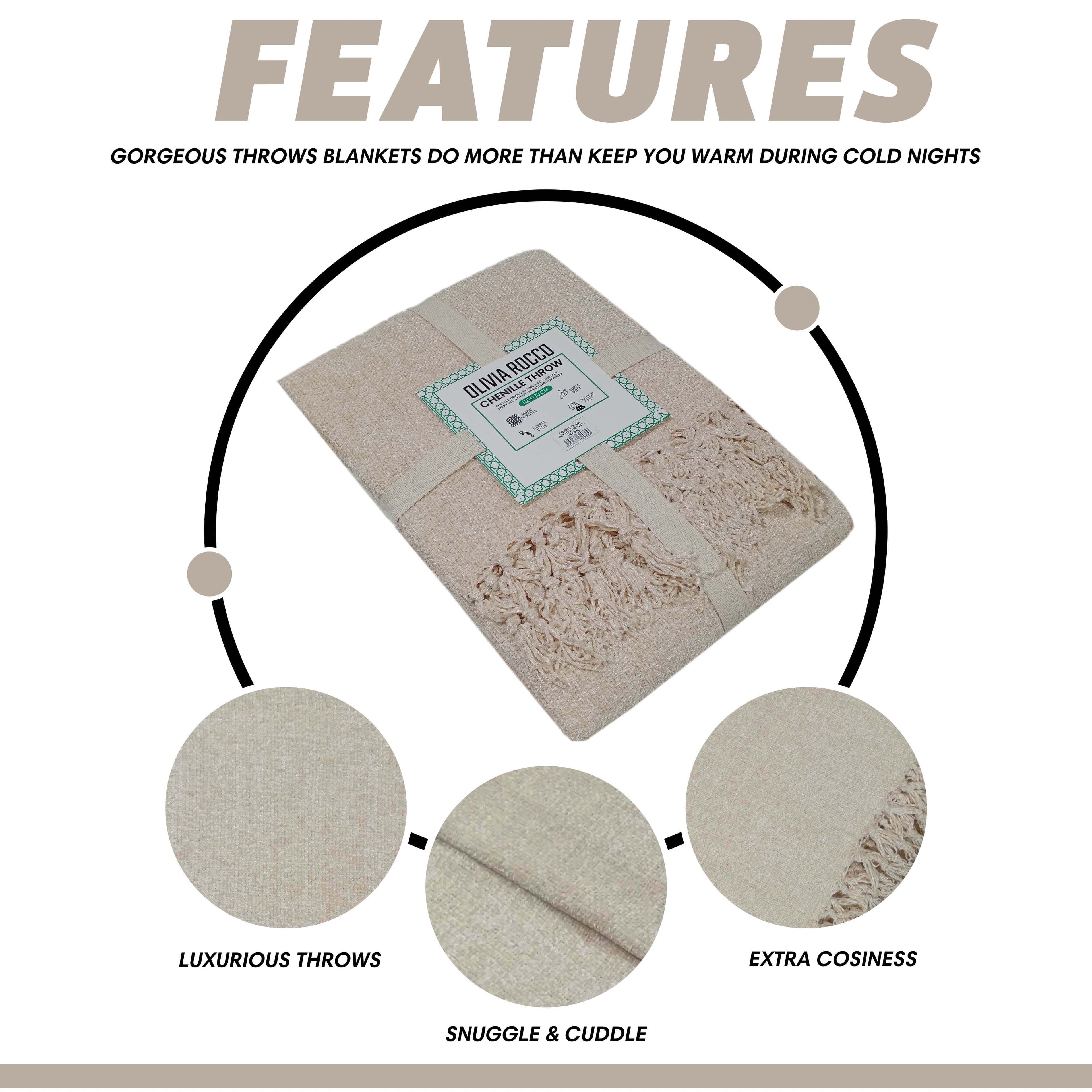 Chenille Tassel Elegant Throw Blanket for Couch Sofa Bed All-Season Soft Luxury