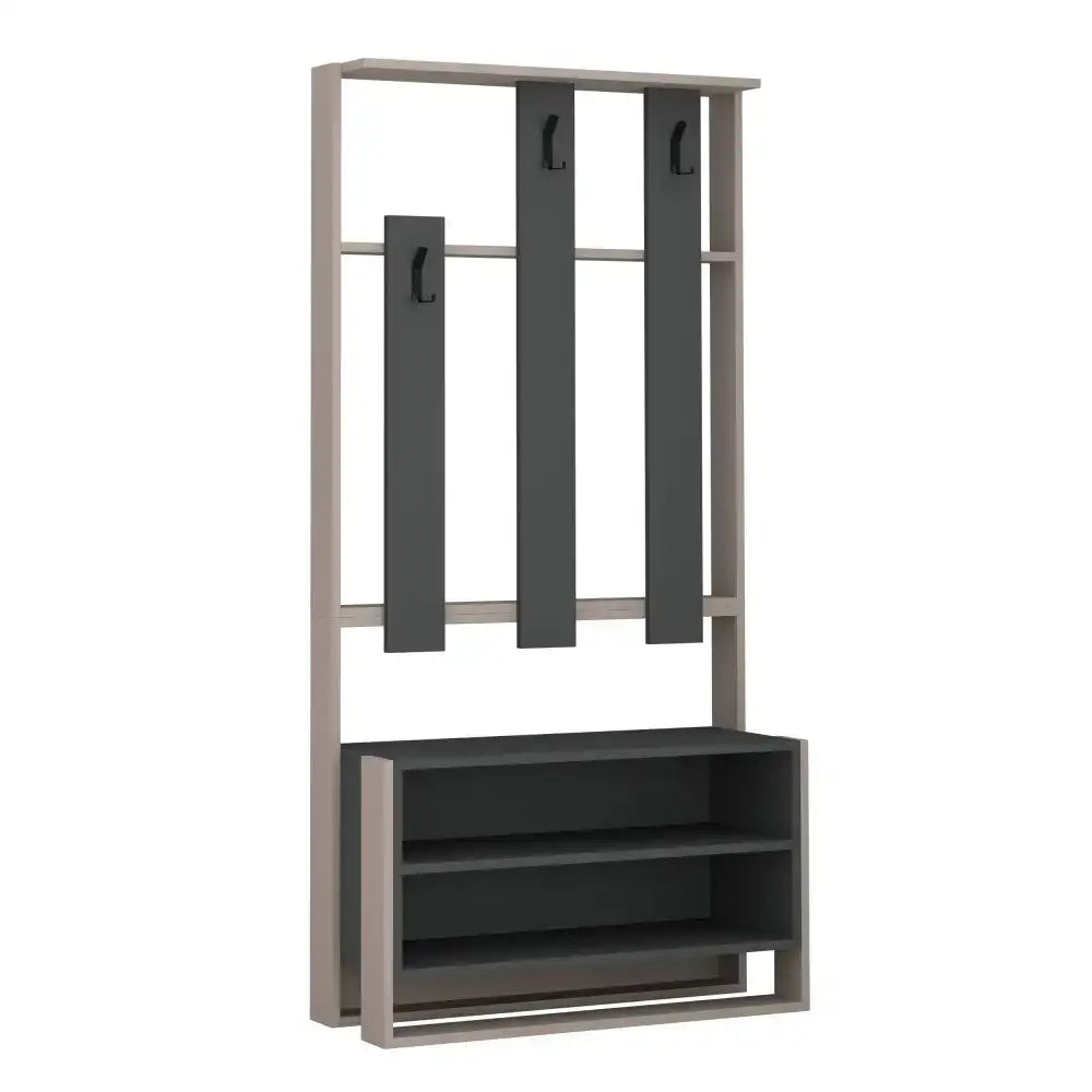 Light grey and dark shoe rack with three hanging bars and open lower shelves