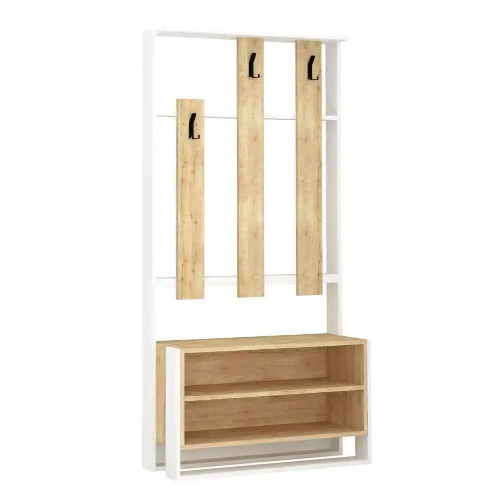 White stand shoe rack with light oak panels, three hanging bars, and open shelves