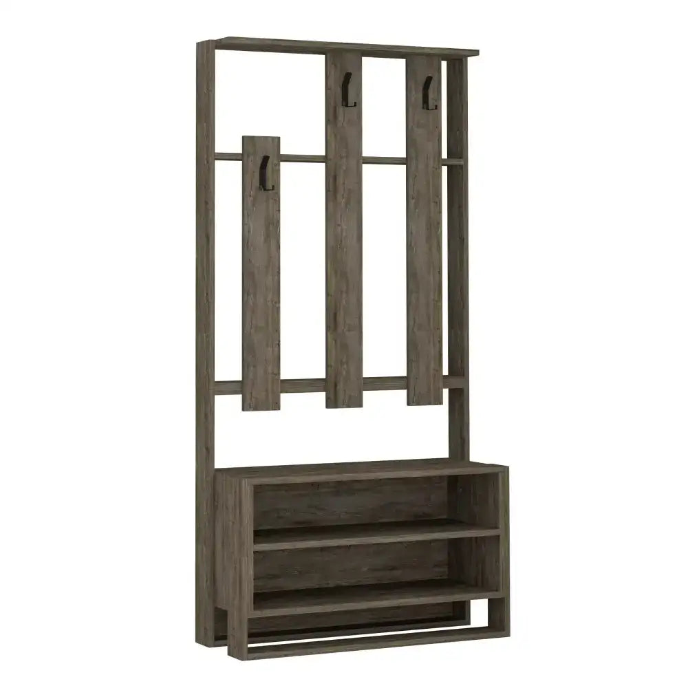 Dark wood shoe rack stand with hanging hooks and open lower shoe shelves
