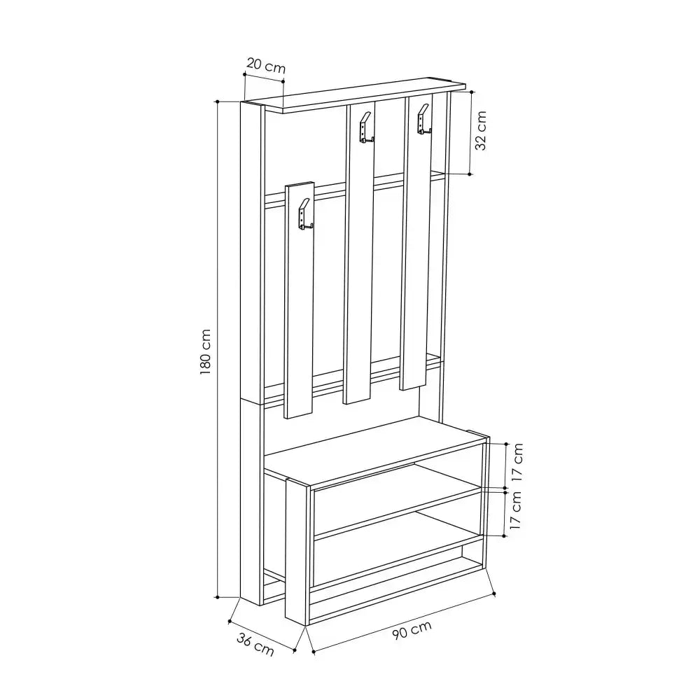 Stand shoe rack with hanging hooks and bench-style lower shelves, dimensions diagram