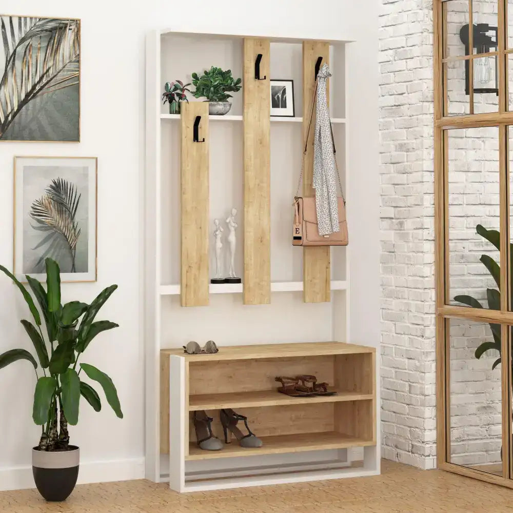 White and light oak multipurpose rack with hanging hooks and open shoe storage shelves