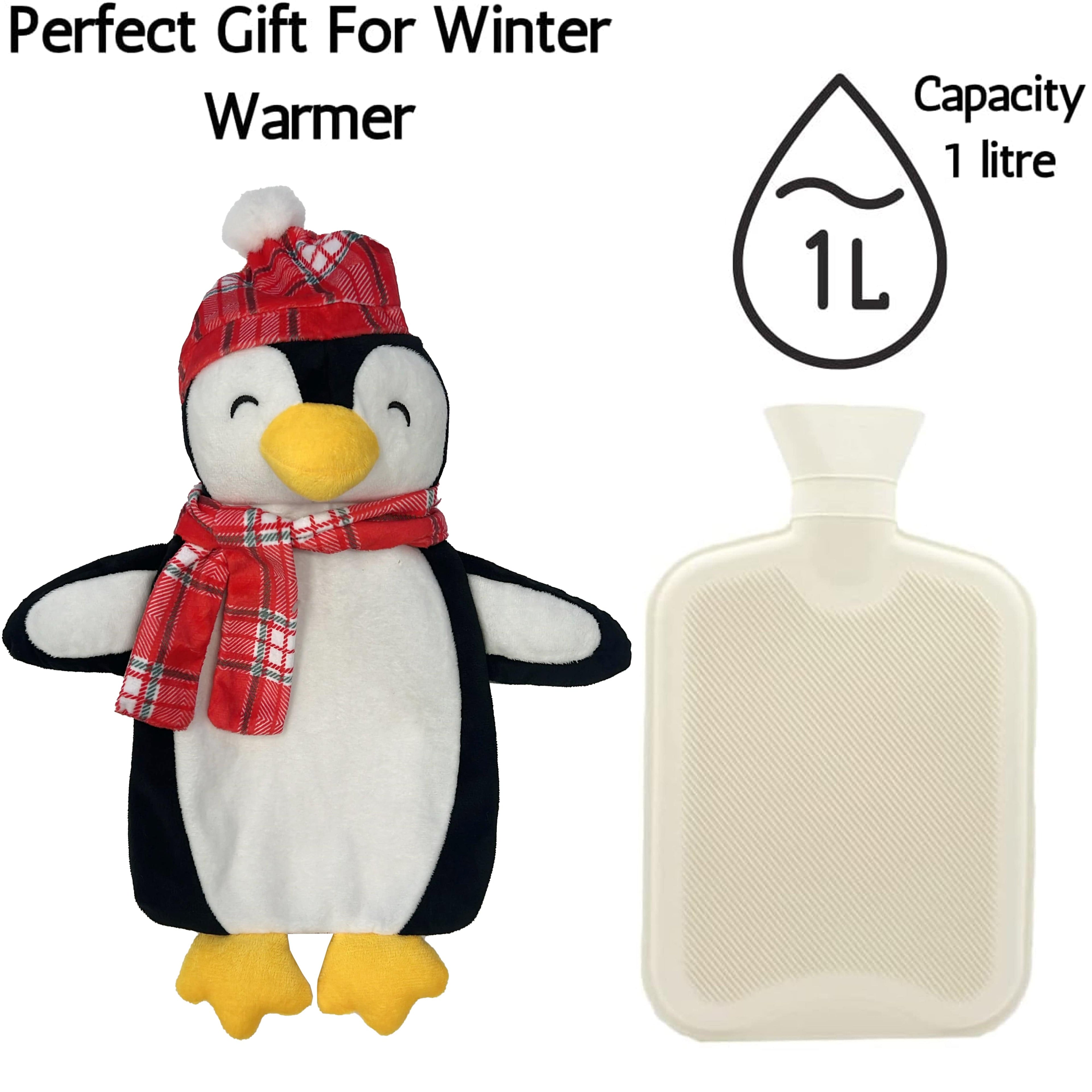 Festive Penguin Christmas Hot Water Bottle with Cover 1L Natural Rubber UK Safe Tested Winter Ideal Gift for Adults Kids