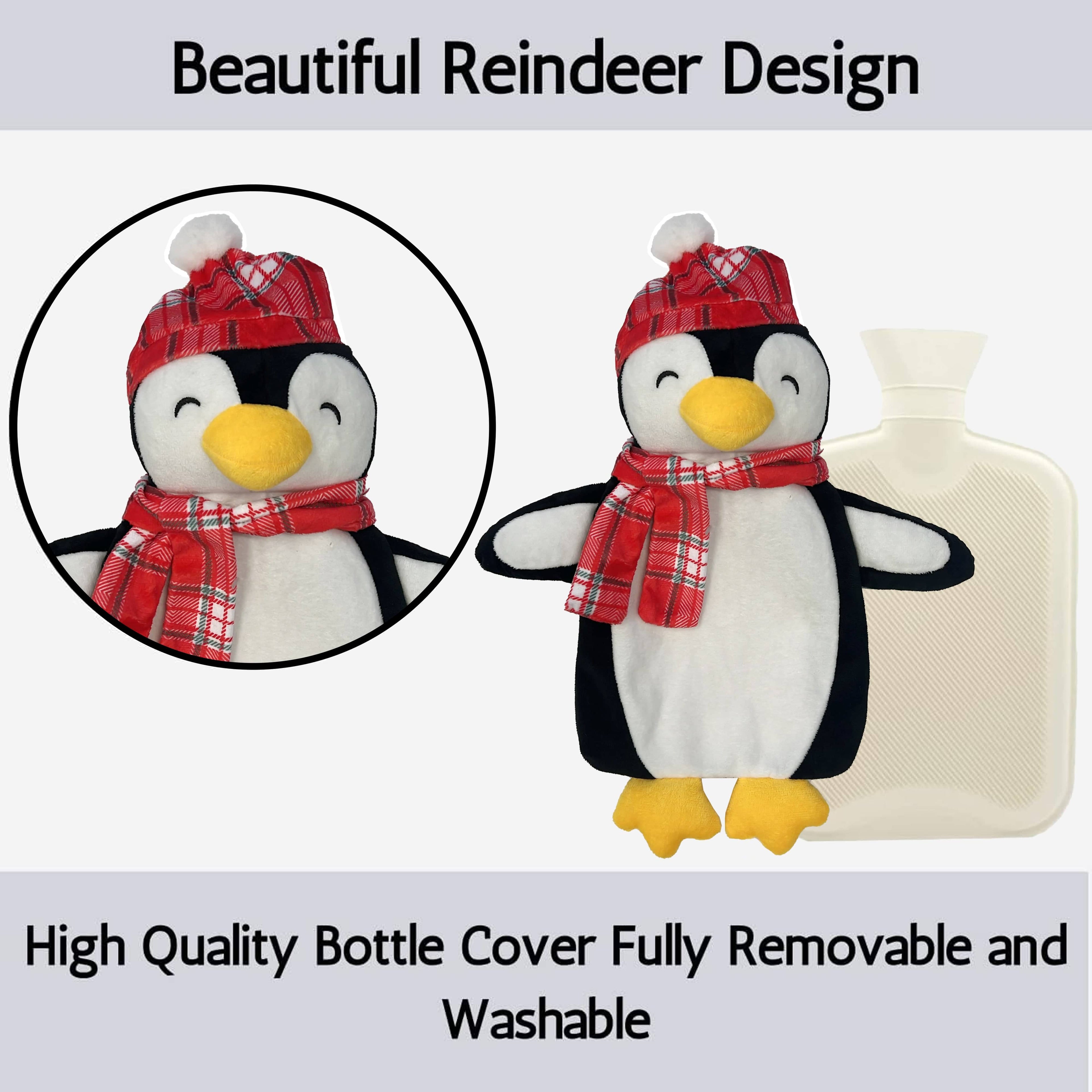 Festive Penguin Christmas Hot Water Bottle with Cover 1L Natural Rubber UK Safe Tested Winter Ideal Gift for Adults Kids