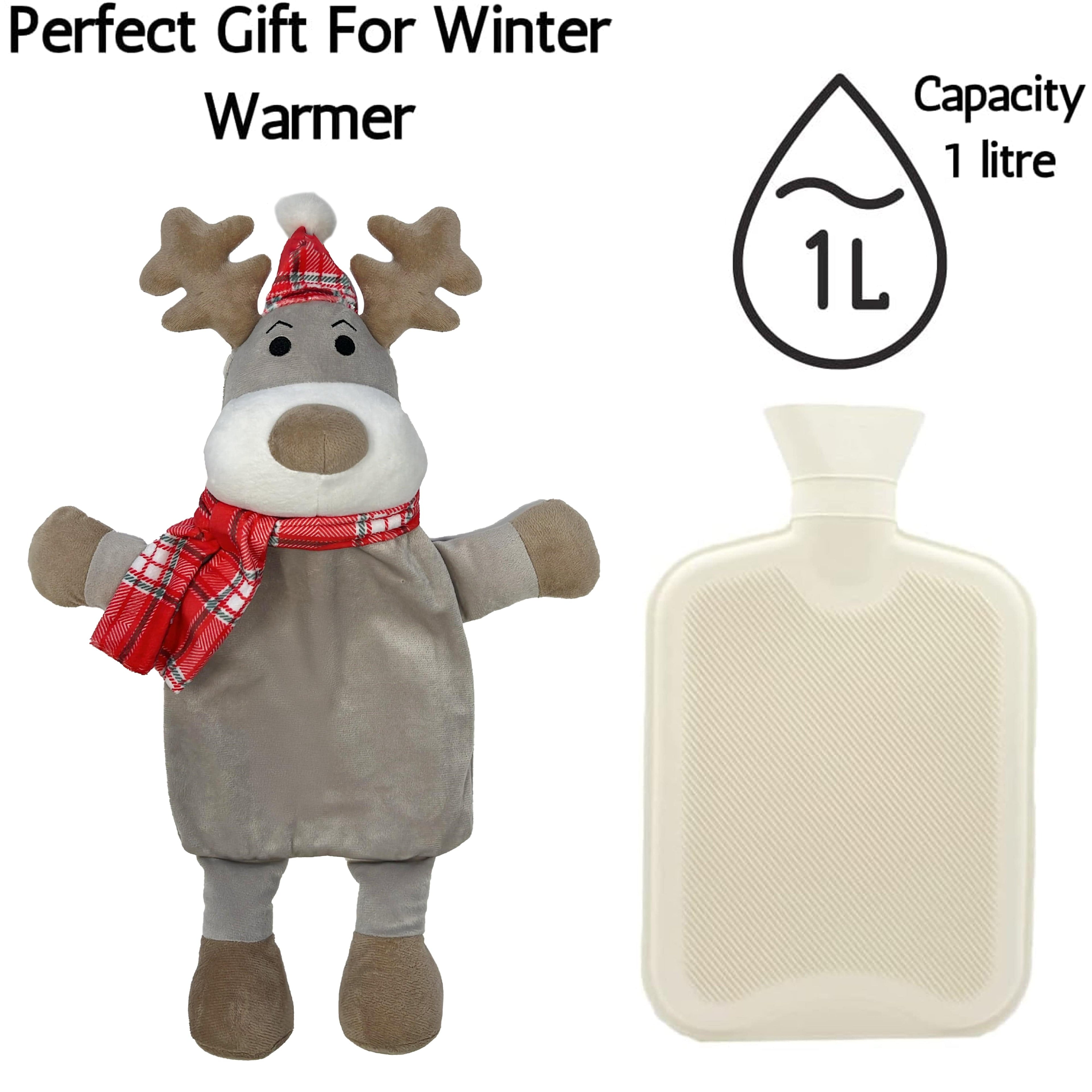 Festive Reindeer Christmas Hot Water Bottle with Cover 1L Natural Rubber UK Safe Tested Ideal Gift for Adults Kids