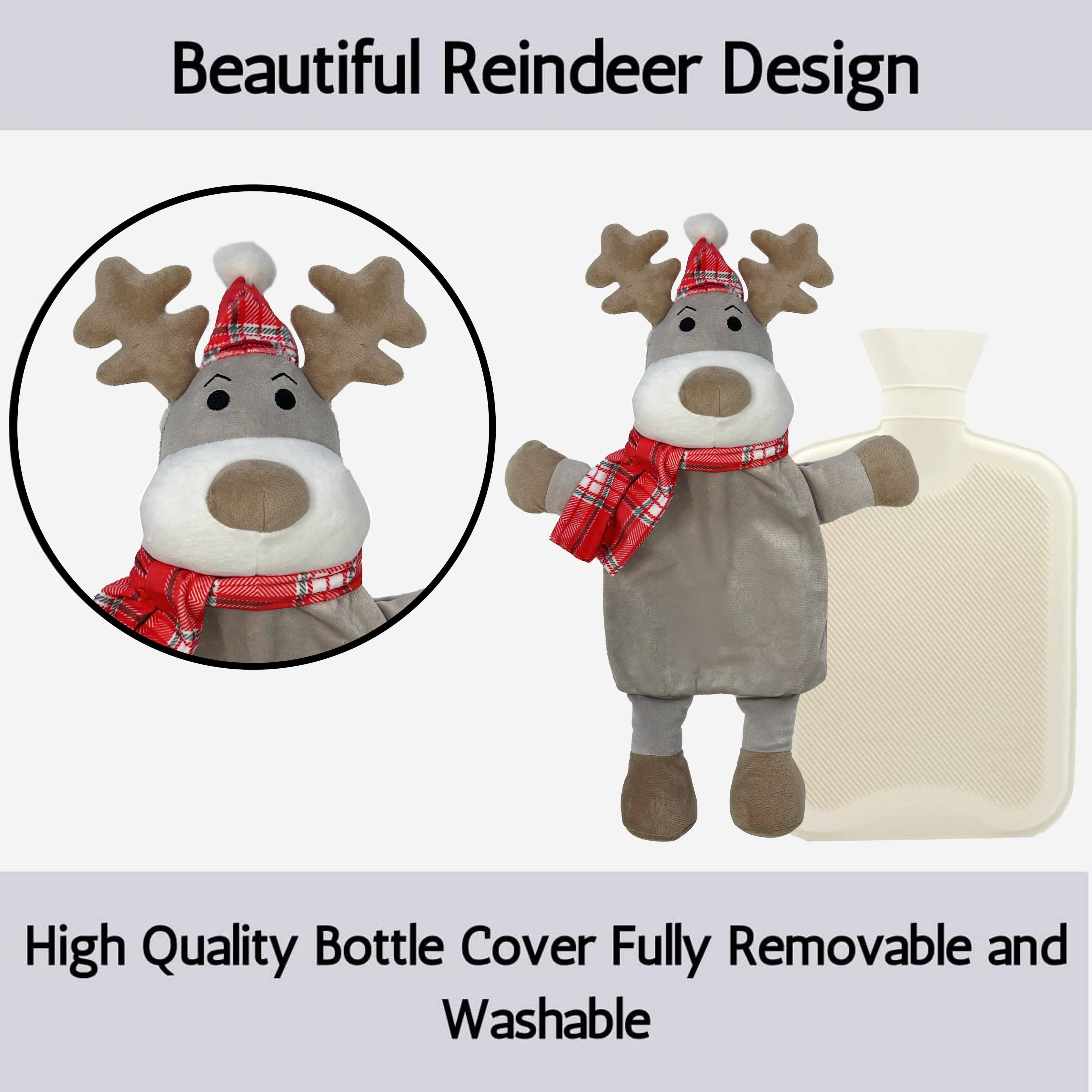 Festive Reindeer Christmas Hot Water Bottle with Cover 1L Natural Rubber UK Safe Tested Ideal Gift for Adults Kids