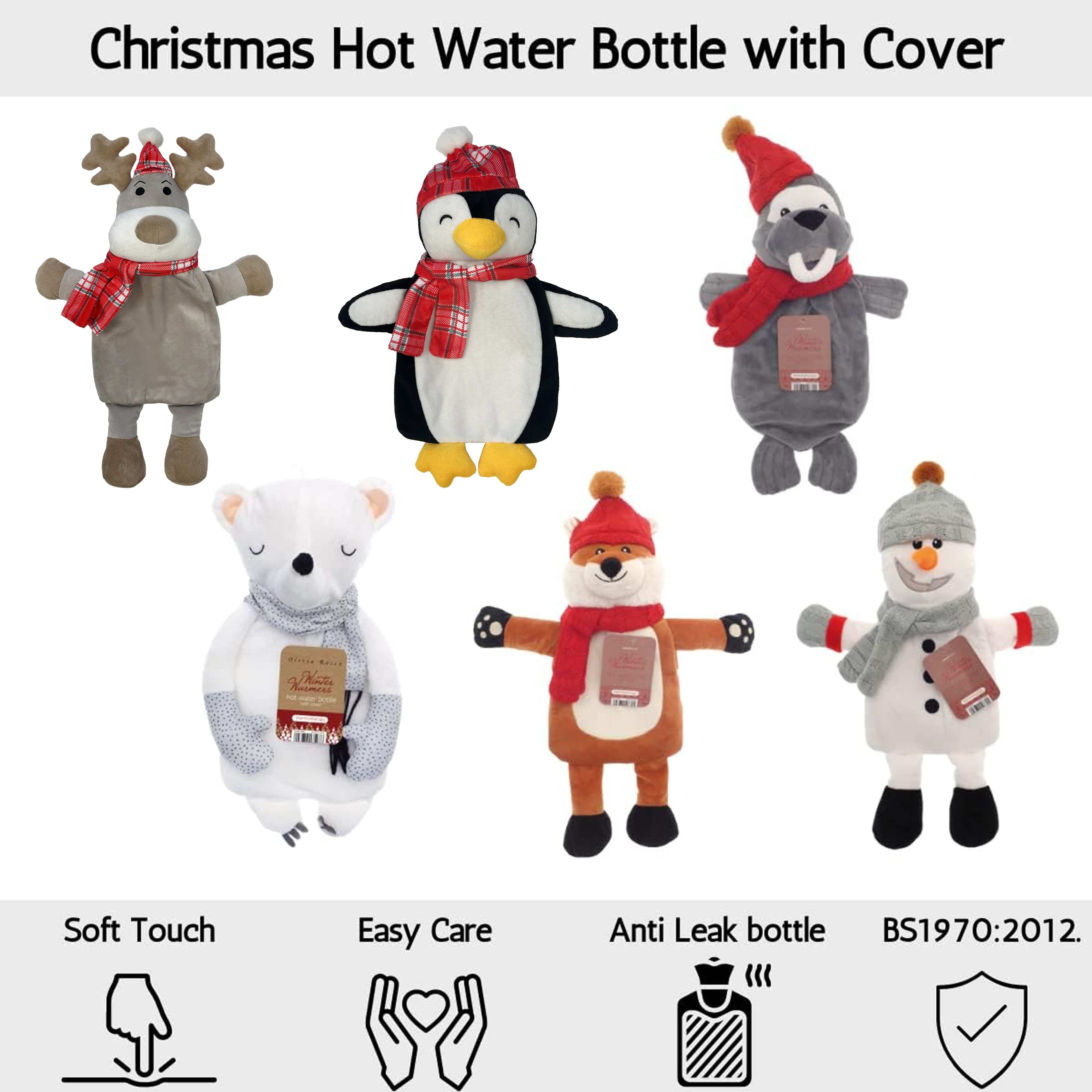 Festive Reindeer Christmas Hot Water Bottle with Cover 1L Natural Rubber UK Safe Tested Ideal Gift for Adults Kids