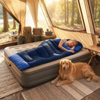 Navy blue sleeping bag on air mattress in tent with hooded blanket design