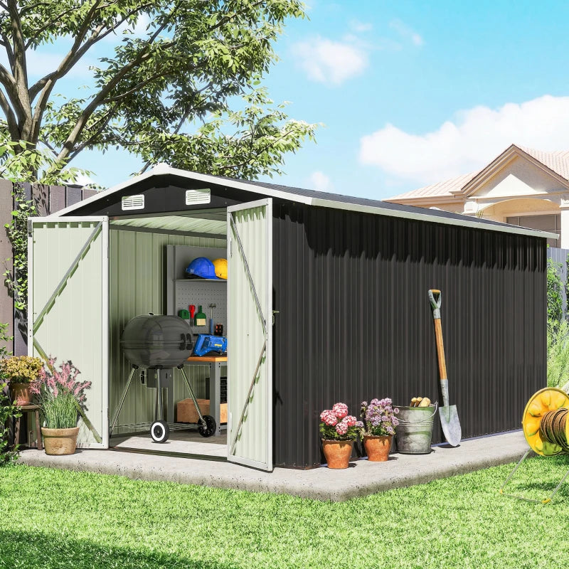 Dark grey storage shed with open double doors showing tools inside