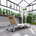 Khaki foldable reclining sun lounger with padded headrest and aluminum frame on patio