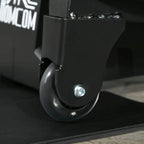 Curved front caster and base support on black elliptical cross trainer