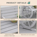 Charcoal grey wooden bench close-up of slatted backrest and wagon wheel detail