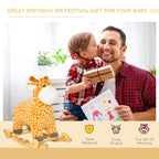 Giraffe plush ride-on rocker with wooden base and wheels, shown next to a gift box