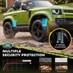 Green kids ride-on car front-side view showing spring suspension on wheels