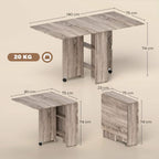 Grey folding dining table with drop leaves and two-tier shelves, size diagram